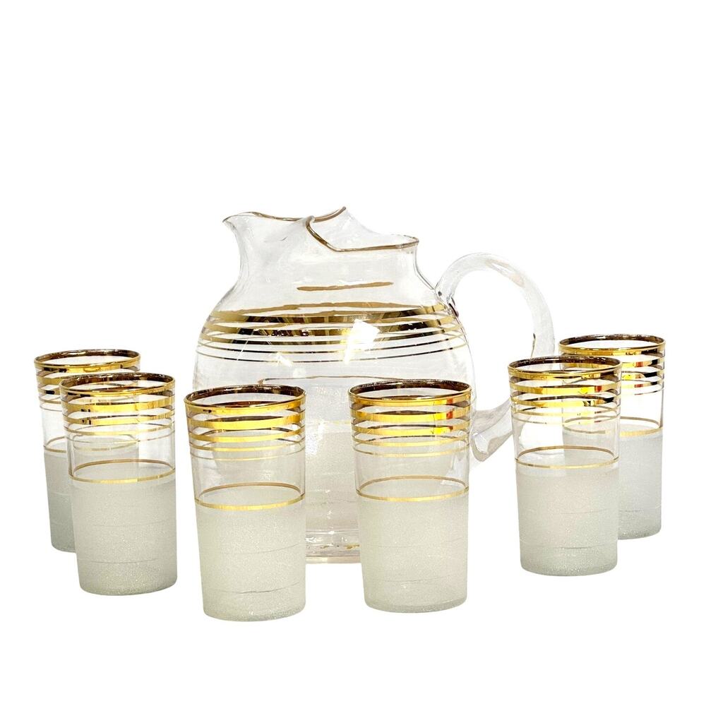 West Virginia Glass MCM 1950's Frosted Ball Cocktail Pitcher Ice Lip & 6 Glasses